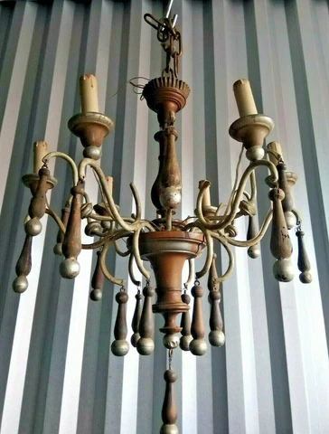 6 light Antique Italian Wood Tole Chandelier w Prisms 20 X 24 was candle convert Cover