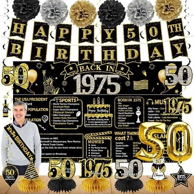 Decoraciones de 50 cumpleaños 1975 para hombres mujeres, oro negro feliz nacimiento 50 años Foto 1 de 4