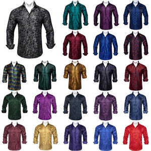 Mens Silk Shirt Long Sleeve Button Down Grey Red Gold Black Shirts Casual Tops - Picture 1 of 142