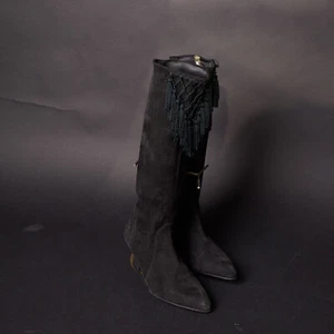 1980s Black Tassel Knee High Heeled Boots Shoes  - Picture 1 of 8