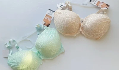 Sujetadores push up extremos cierre trasero René Rofé 2 nuevos con etiquetas, crema y lima, 36D Foto 1 de 4