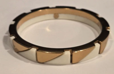 Vintage Signed Tory Burch White Gold / Bronze Tone Abstract Art Bangle Bracelet - Image 1 of 4
