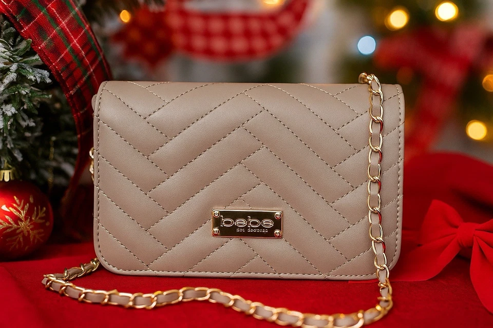 Bebe Sophia Crossbody Small Taupe Quilted Purse Faux Leather Gold Chain Gift