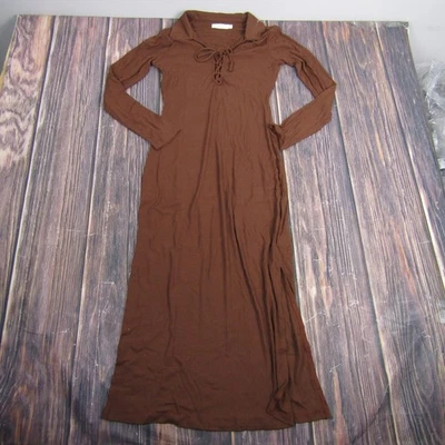 Vestido exuberante para mujer pequeño marrón con cordones cuello manga larga midi DR96788-003 Foto 1 de 4