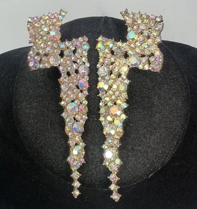 Womens Large Statement AB Rhinestone Crystal Lighting Bolt Earrings - Picture 1 of 5