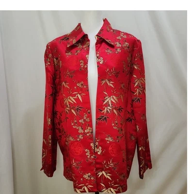 Silk Chinese Stitched Floral Asian Red Open Jacket, Size X-Large - Image 1 of 4