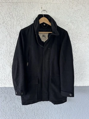 BURBERRY LONDON Wool Cashmere Logo Button Pea Coat Black 48 Men's Hooded - Image 1 of 4