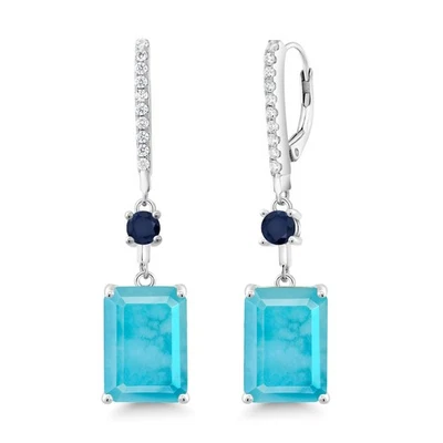 11.00 Ct Emerald Cut Green Turquoise Blue Sapphire 925 Sterling Silver Earrings - Image 1 of 4