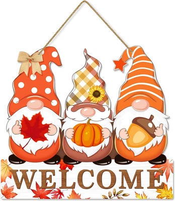 Fall Welcome Door Sign Decor, Gnomes Fall Hanging Sign Thanksgiving Wooden Signs - Image 1 of 4