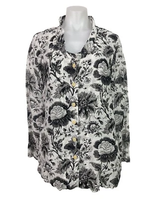 FLAX P Button Down Linen Black White Floral Shirt Jacket Top Womens Size 4-6, S - Image 1 of 4