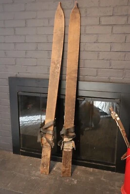 Antique Solid Hardwood Pointed WOODEN SKIS Leather Strap Binding cabin decor - Image 1 of 4