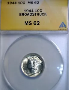 1944 ERROR ANACS MS62 Broad Struck + OFF CENTER Mercury SILVER Dime CH BU Coin - Picture 1 of 5