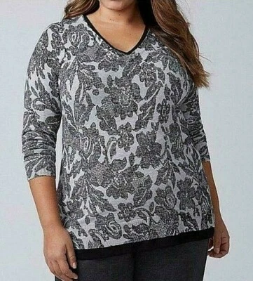 Lane Bryant V-Neck Sweater with Chiffon Trim Grey Lace Print Plus 18/20 NWT - Image 1 of 4