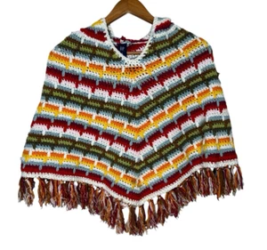 VTG Gap Kids Rainbow Hooded Poncho Fringe 90's Cotton Crochet Sz M/8 Retro - Picture 1 of 9