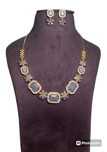 Gray Monalisa Statement Necklace Set ,Gold Plated Earring With Necklace , - Picture 1 of 3