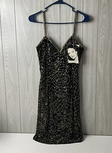 Niteline Della Roufogali BLACK Sequin Cocktail Dress Gold Trim Prom Sz 8 Vintage - Picture 1 of 16