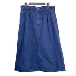 Vintage 80s French Navy skirt blue denim jean midi pockets pleats 16 - Picture 1 of 6