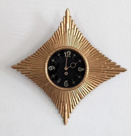 Sunburst Starburst Clock Wind Up Clock Mid Century Modern Clock 23" Gold Magical Cover