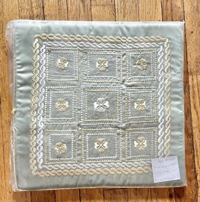 2 Silk Embroidered Throw Pillow Covers Padded Sage Green Gold Syria New Vintage - Image 1 of 4