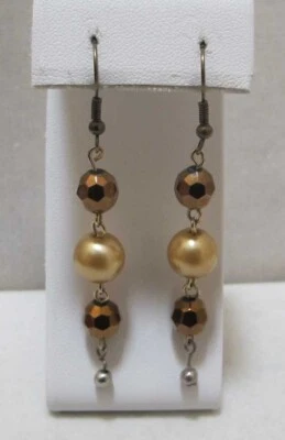 Bronze Tone Faux Golden Pearl Iridescent Brown Beads Dangle Hook Earrings 2.5” - Image 1 of 4