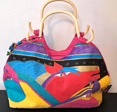 RARE Laurel Burch HORSE Purse Handbag Fish Tag Bamboo Handle Cat Zipper Pull - Image 1 of 4