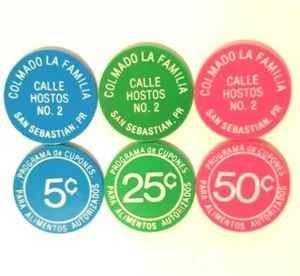 3 COLMADO LA FAMILIA Ficha Cupones SAN SEBASTIÁN FOOD STAMP TOKEN PUERTO RICO - Imagen 1 de 6