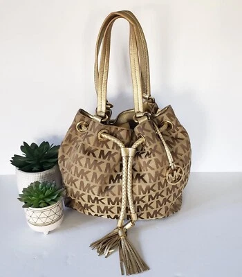 Bolso de Mano Michael Kors Jet Set Grande Firma Reunida Hobo Dorado y Marrón Foto 1 de 4