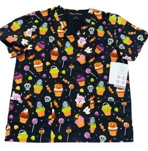 Microflex Unisex Halloween Scrub Top - Candy & Cupcakes - Size L - NEW - Picture 1 of 4