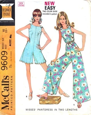 McCalls 9609 size 10 vintage 60s pattern jumpsuit short or long wide leg palazzo - Image 1 of 2