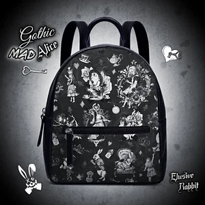 Gothic Alice in Wonderland Rucksack schwarz weiß grau Tasche Handtasche Schultergurte - Bild 1 von 11