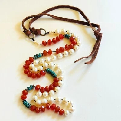 VTG 90s beaded Necklace Freshwater Pearl blue turquoise carnelian Sterling .925 - Image 1 of 4