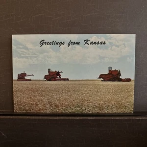 Greetings from Kansas Ellis County Wheat Harvest Combines Chrome Postcard UNP - Picture 1 of 3