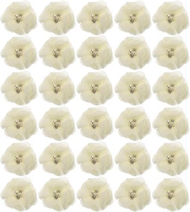 Artificial Rhinestone Chiffon Flower Heads, Beige Faux Flowers 2 Inch 30Pcs - Picture 1 of 5