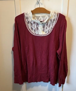 Dialogue Sweater Top Womens Size 2X Red Tan Lace Neckline Ruffle Long Sleeve - Picture 1 of 4