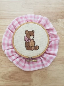 Vintage Cross Stitch Teddy Bear Wall Decor Pink 7” Grannycore Cute Nursery Decor - Picture 1 of 9