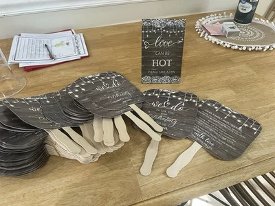 41 wedding fans / favors and wooden sign - Image 1 of 2