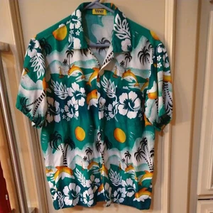 SANIT DE COLECCIÓN AÑOS 60 años 70 camisa hawaiana esmeralda floral delfines palmeras para hombre M? - Imagen 1 de 7