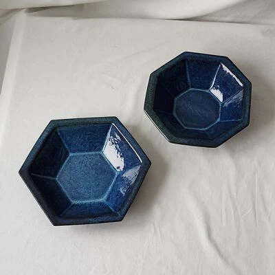 VTG Handmade Redware Pottery Octagon Hexagon Ceramic Bowls x2 Blue Glaze Signed - Image 1 of 4