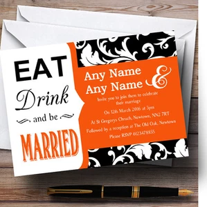Eat Drink Damask Orange Personalised Wedding Invitations - Picture 1 of 1