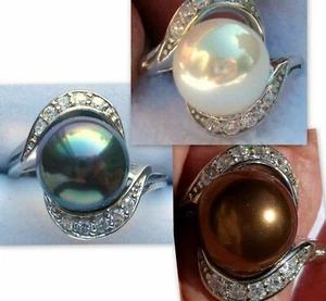 10mm Mother of Pearl .925 Ring - Peacock Black, White, or Chocolate w/CZ Accents - Picture 1 of 13