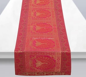 Decorative Peacock Table Runner Wedding Indian Magenta Brocade Linen Tablecloth - Picture 1 of 5