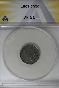 1867 .03 ANACS VF20 Three Cent Nickel, Liberty Three Cent Piece - Picture 1 of 2