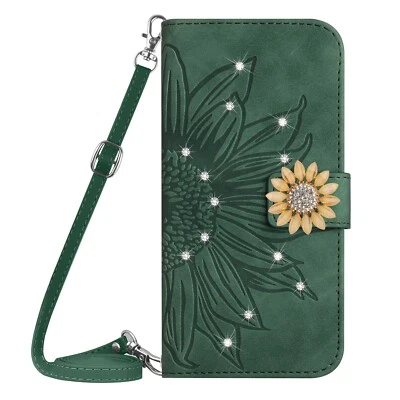 Diamond Sunflower Crossbody Flip Card Wallet Case Cover Holder For Various Phone - Image 1 of 4
