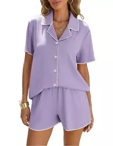 Women's Ribbed Button Down Pajamas Sets 2 Piece Short Sleeve Shorts Pjs Knit ... - Picture 1 of 7