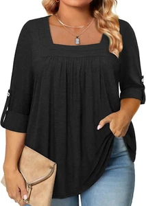 Womens plus Size Tops Loose Fit 3/4 Ruffle Sleeve Blouses Square Neck T Shirt Ca - Picture 1 of 13