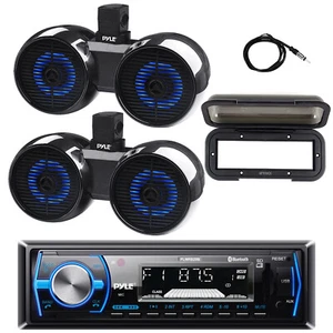 Pyle Marine Radio, 2x 6.5" Bluetooth LED Dual Tower Black Speaker, Cover,Antenna - Picture 1 of 6