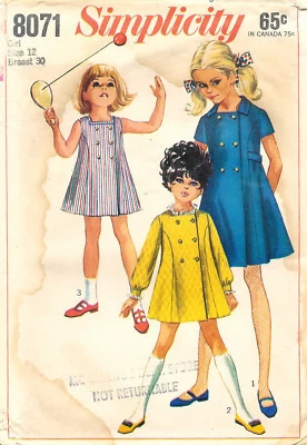 Vintage 1968 Simplicity # 8071 Sewing Pattern: Girls' Dress; Size: 12 Breast 30 - Image 1 of 2