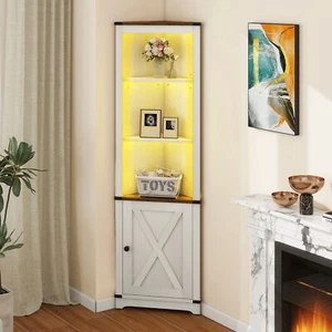 Farmhouse 5 Tier Tall Corner Cabinet with LED Light Barn Door Adjustable Shelf - Picture 1 of 22