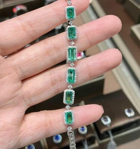 Handmade Natural Emerald 10k White Gold Bracelet Wedding Women Mother Jewelry - Picture 1 of 6
