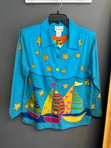 Chaqueta De Colección Y2K Quacker Factory Azul Velero Talla Mediana Botón Bordado NUEVO - Imagen 1 de 9